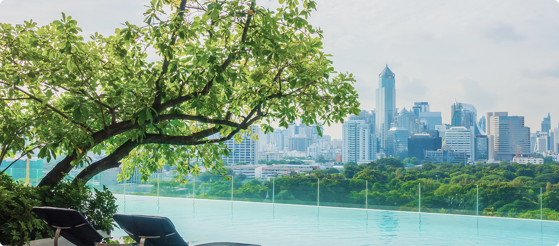 Rooftop infinity pool with city skyline view